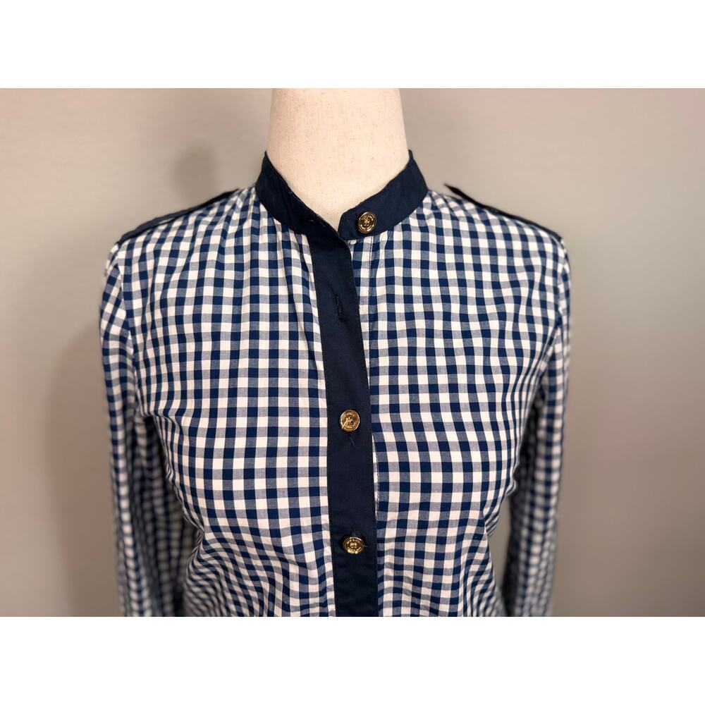 Tory Burch blouse navy blue white gingham long sleeve logo buttons epaulettes  6 - Picture 2 of 12